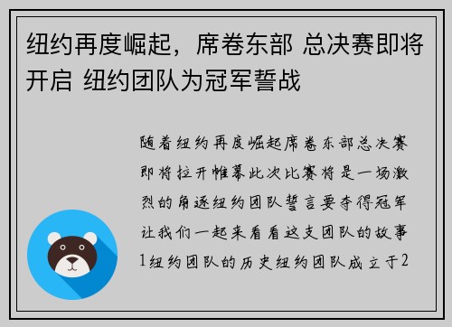 纽约再度崛起，席卷东部 总决赛即将开启 纽约团队为冠军誓战